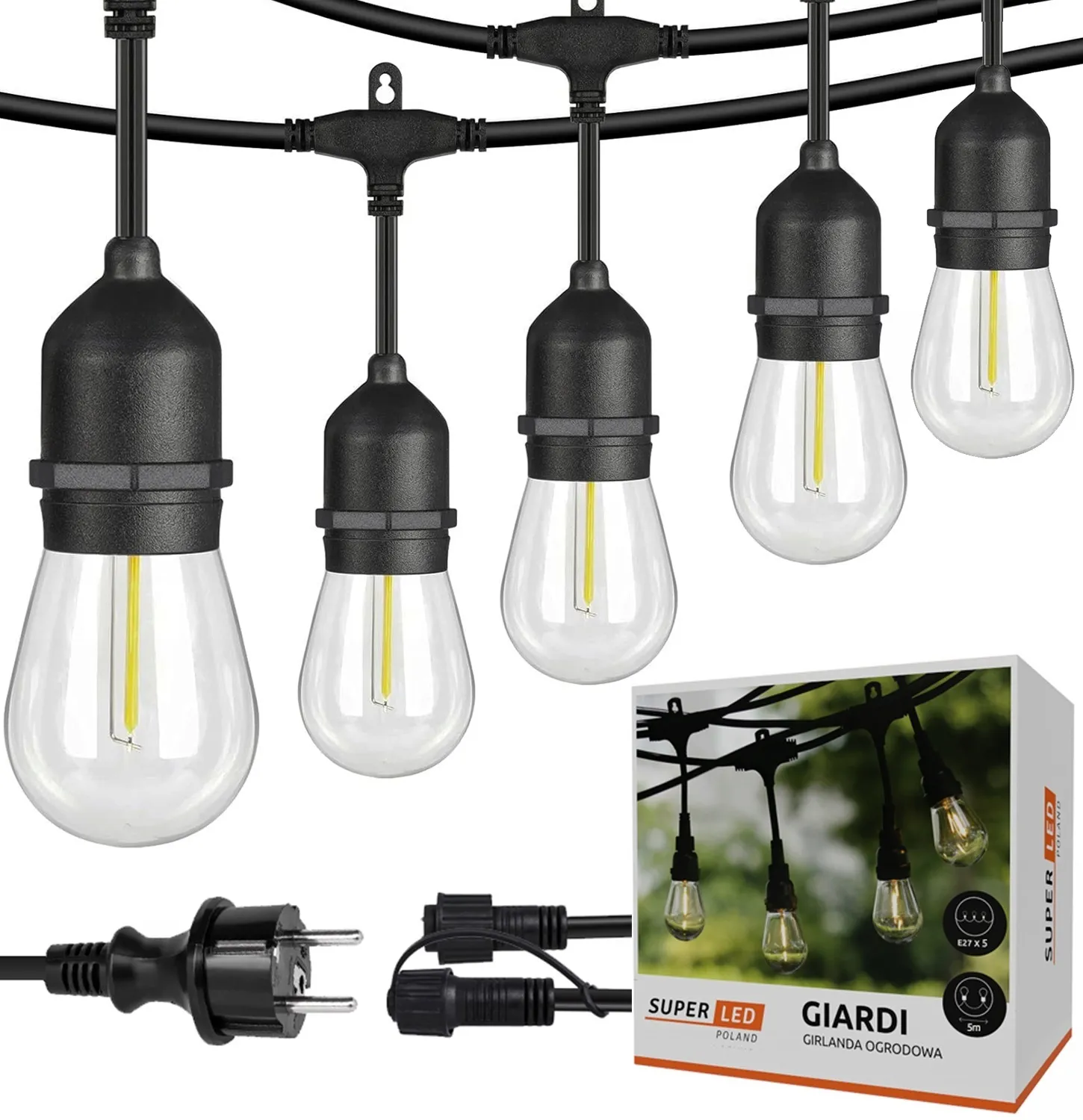 Садова гірлянда 5м з 5 LED-лампами E27 — зовнішнє декоративне освітлення з можливістю з'єднання, SuperLED