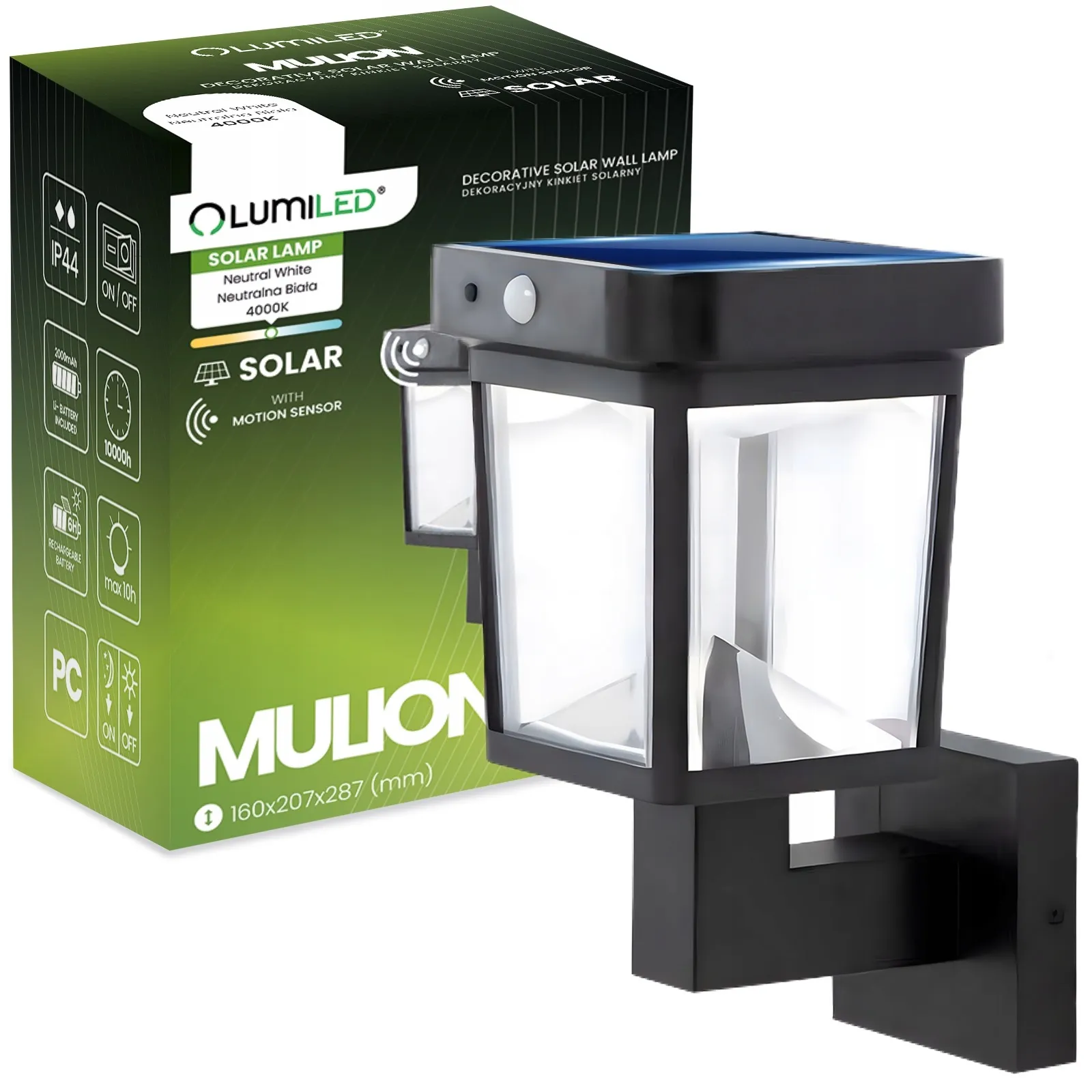 Сонячний настінний LED-світильник Lumiled Mulion з датчиком руху та сутінків — біле світло 4000 K, IP44, для входу, фасаду