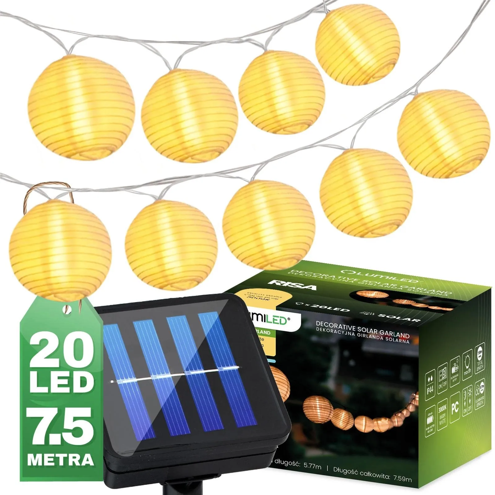 Декоративна сонячна гірлянда Lumiled Risa — 20 LED-ліхтариків, довжина 7,59 м, тепле біле світло 3000 K, IP44, вбудований датчик сутінків