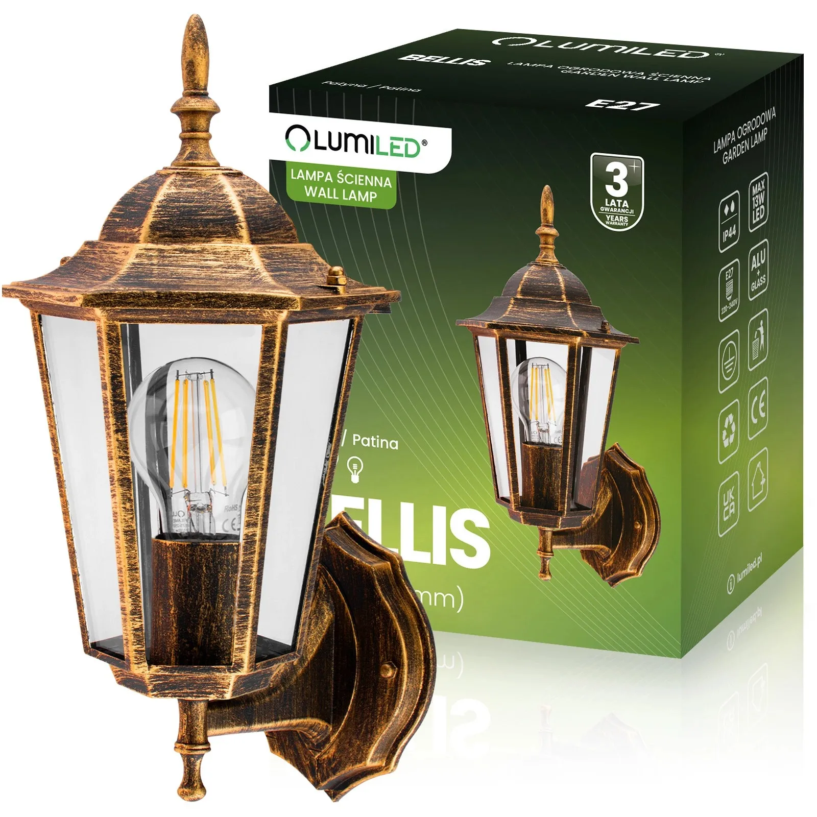 Настінний зовнішній світильник, ретро-ліхтар, патина, E27, IP44, Lumiled Bellis