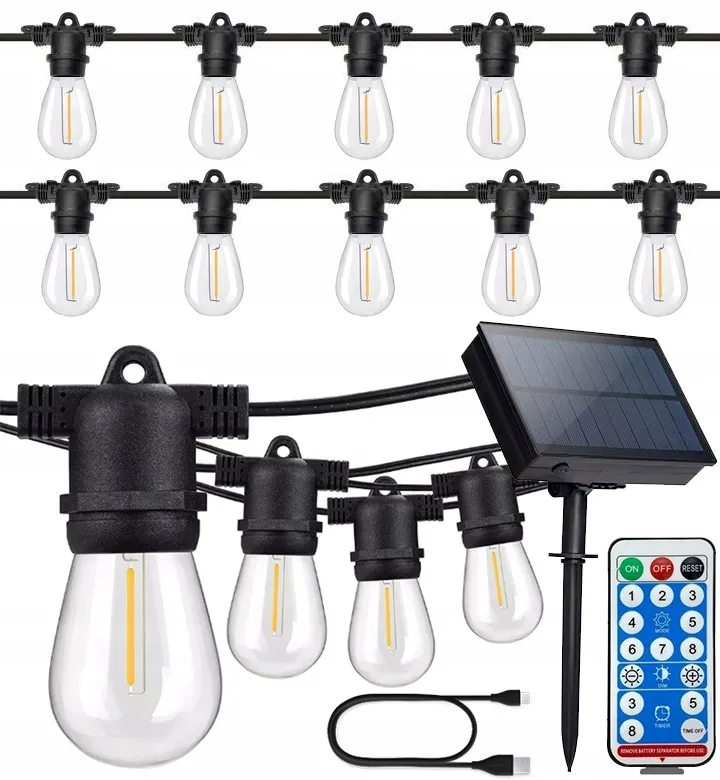Сонячна гірлянда SuperLED Soli — 15 м, 15 змінних LED-лампочок E27, IP44, тепле біле світло, з пультом і зарядкою USB