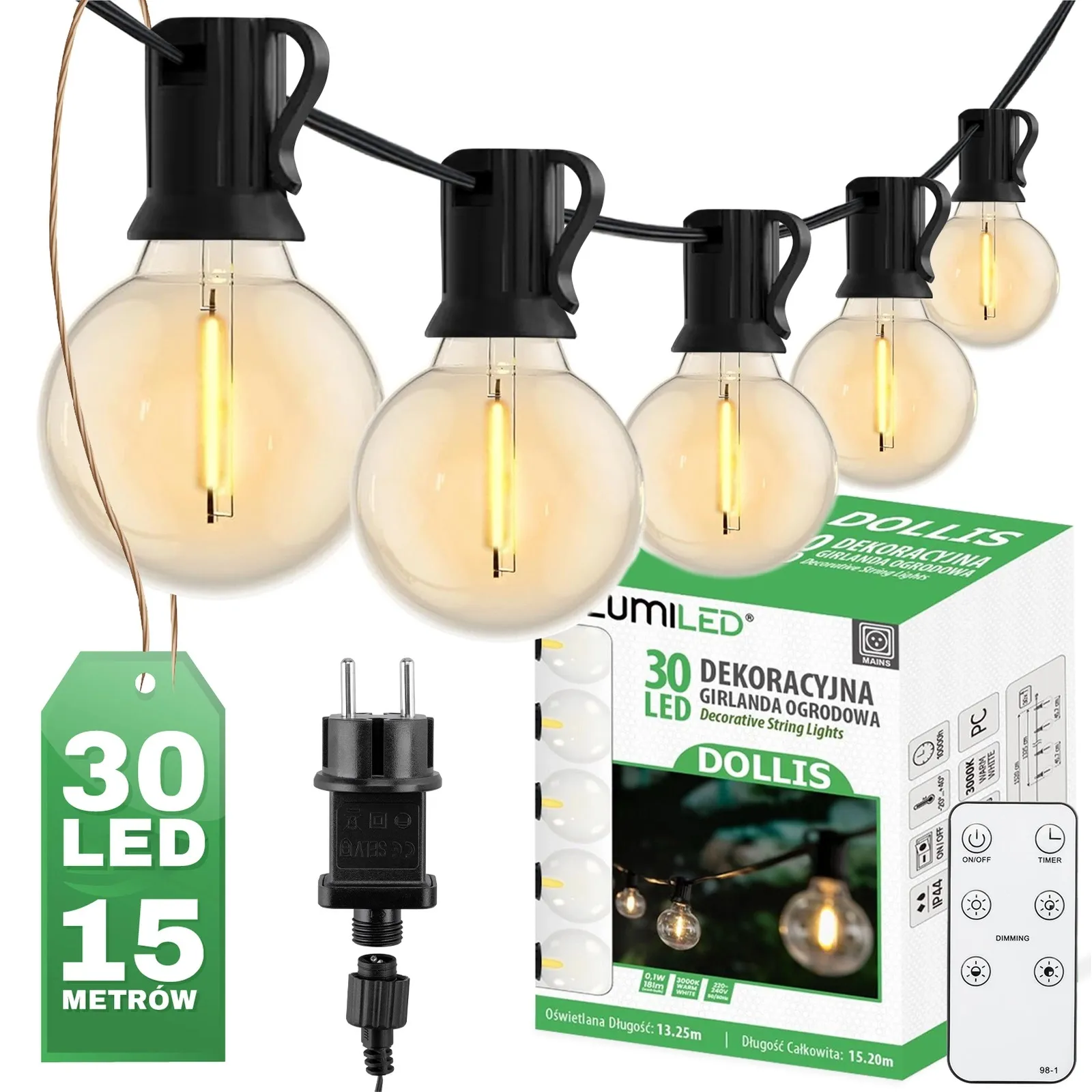 Садова гірлянда на 30 LED-ламп, 15,2 м, від мережі 230V, тепле світло 3000 K, IP44, з пультом та регулюванням яскравості, Lumiled Dollis