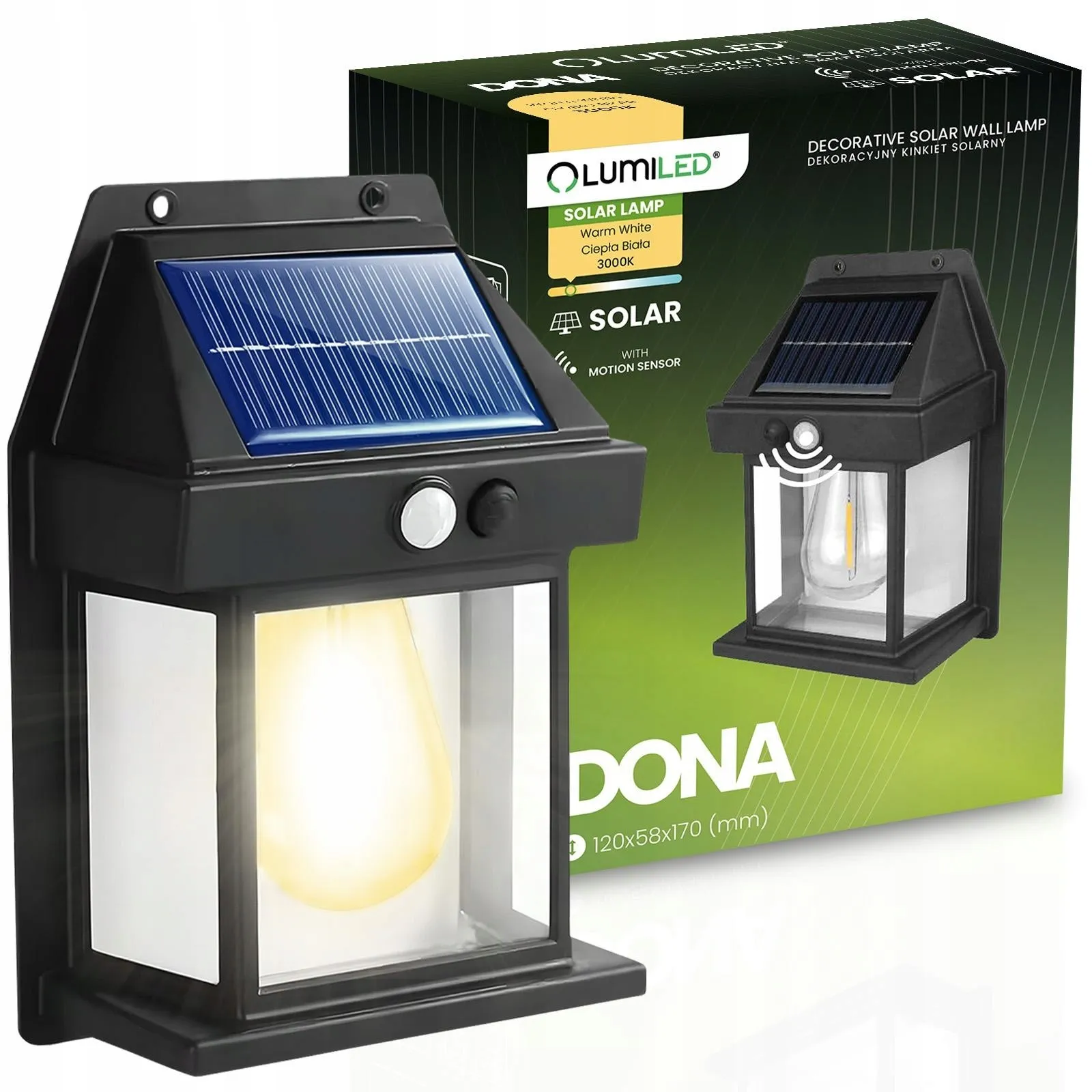 Сонячний настінний LED‑світильник Lumiled серії Dona — тепле біле світло 3000 K, з датчиком руху і сутінків, IP44