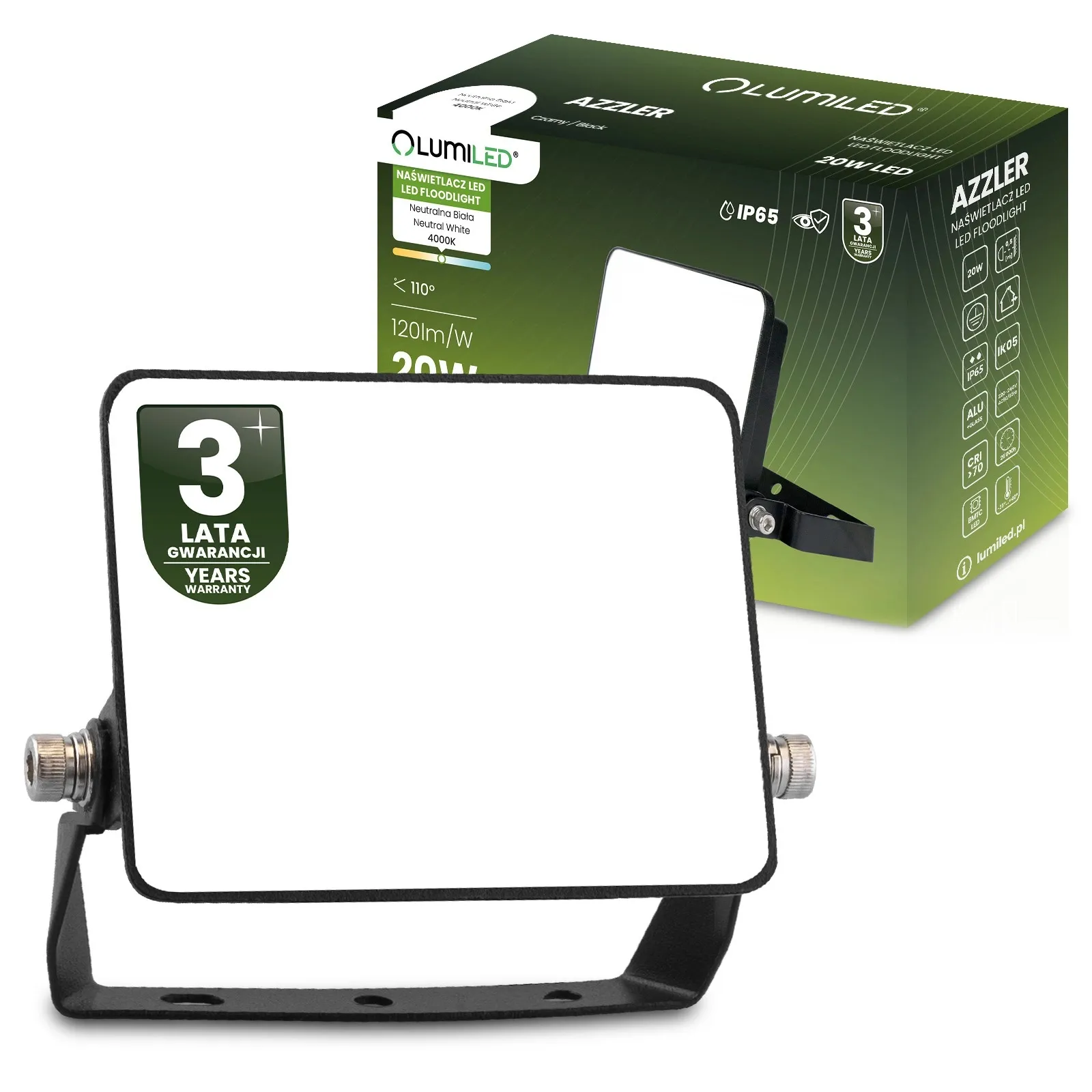 LED-прожектор для зовнішнього використання Lumiled серії AZZLER — 20W, 2400 lm, 4000K, IP65, регульований кут, чорний