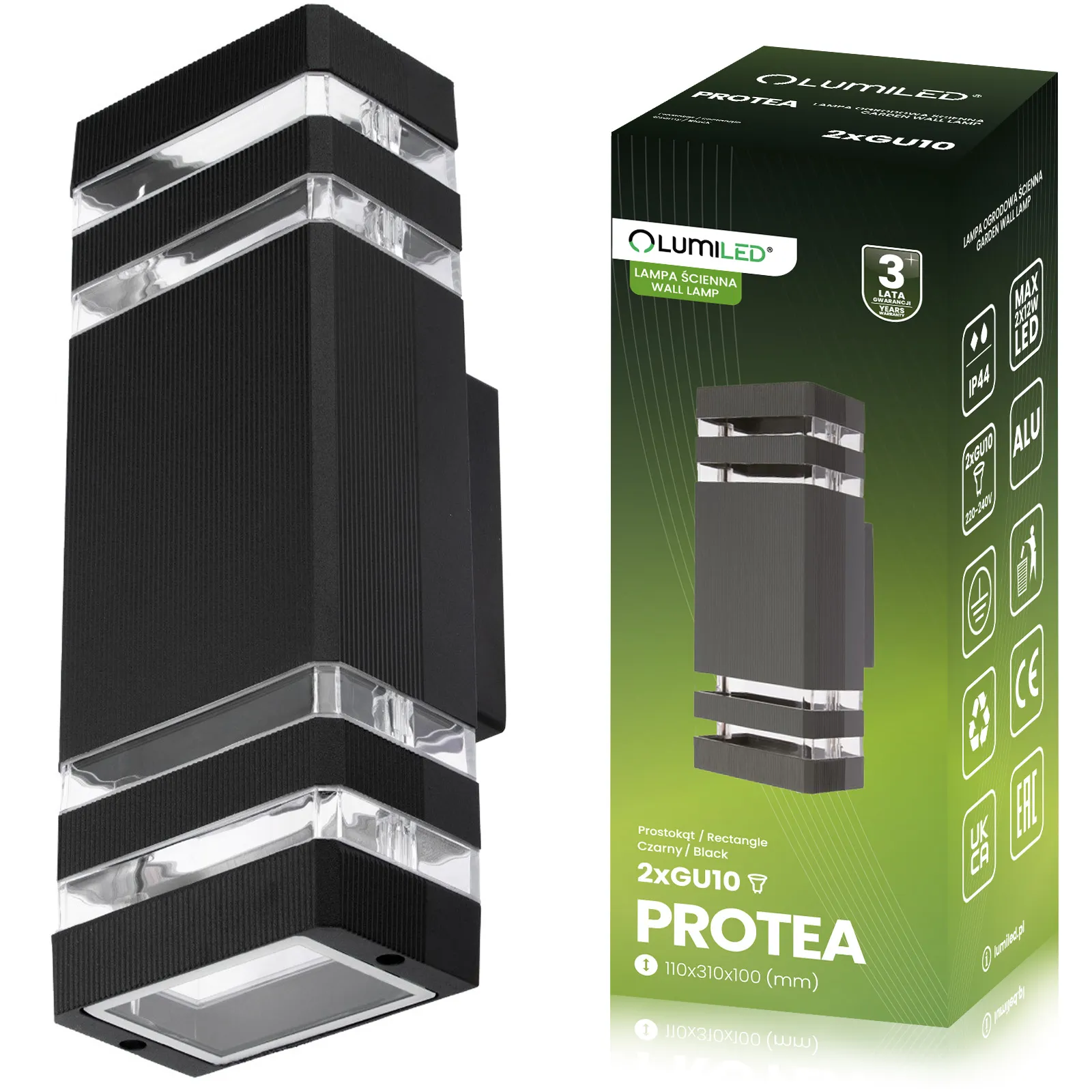 Настінний фасадний дволамповий світильник Lumiled Protea — 2×GU10, чорний, IP54, алюміній + скло, мережеве живлення 230В