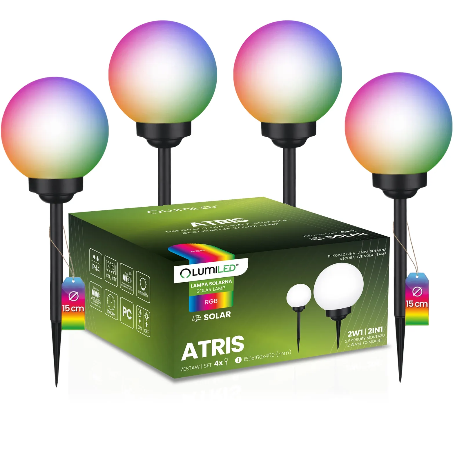 Набір 4шт садових LED куль 15 см з кольоровим RGB світлом, світильник на сонячній батареї — Lumiled Atris