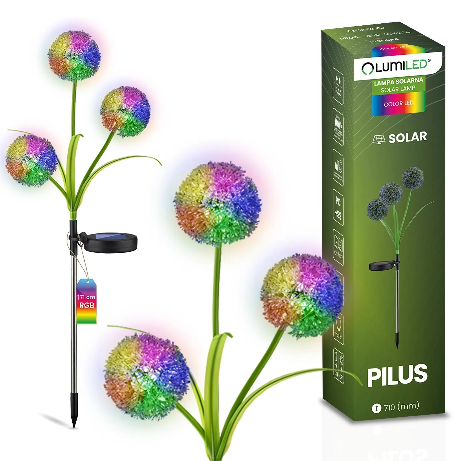 Лампа на сонячній батареї «Кульбаба» з RGB підсвіткою, серії Pilus, IP44, садовий декоративний світильник, 71 см