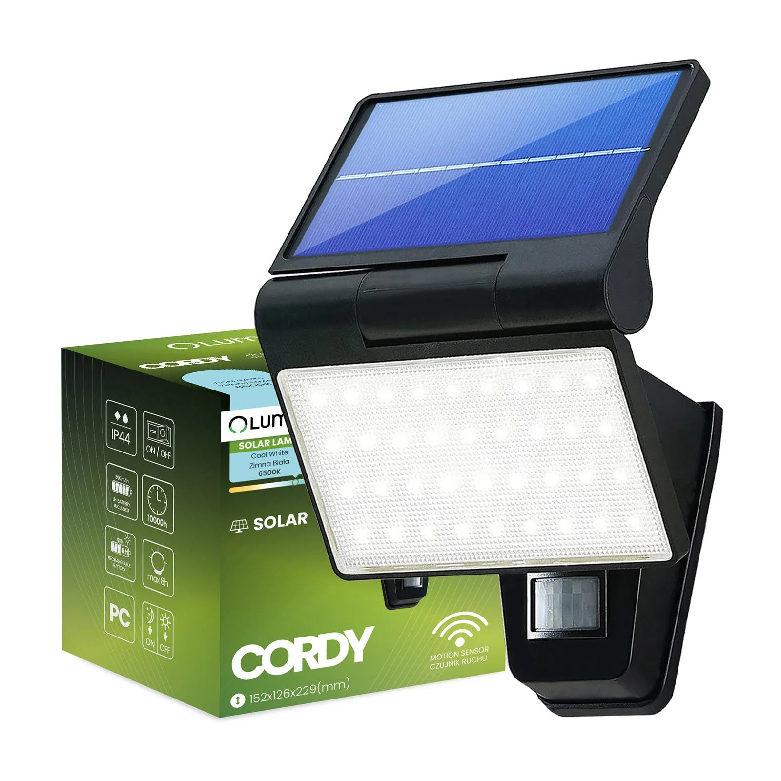 Сонячний фасадний LED-прожектор Lumiled серії Cordy — стінний садовий прожектор із датчиками руху та сутінків, холодне світло 6500 K, IP44