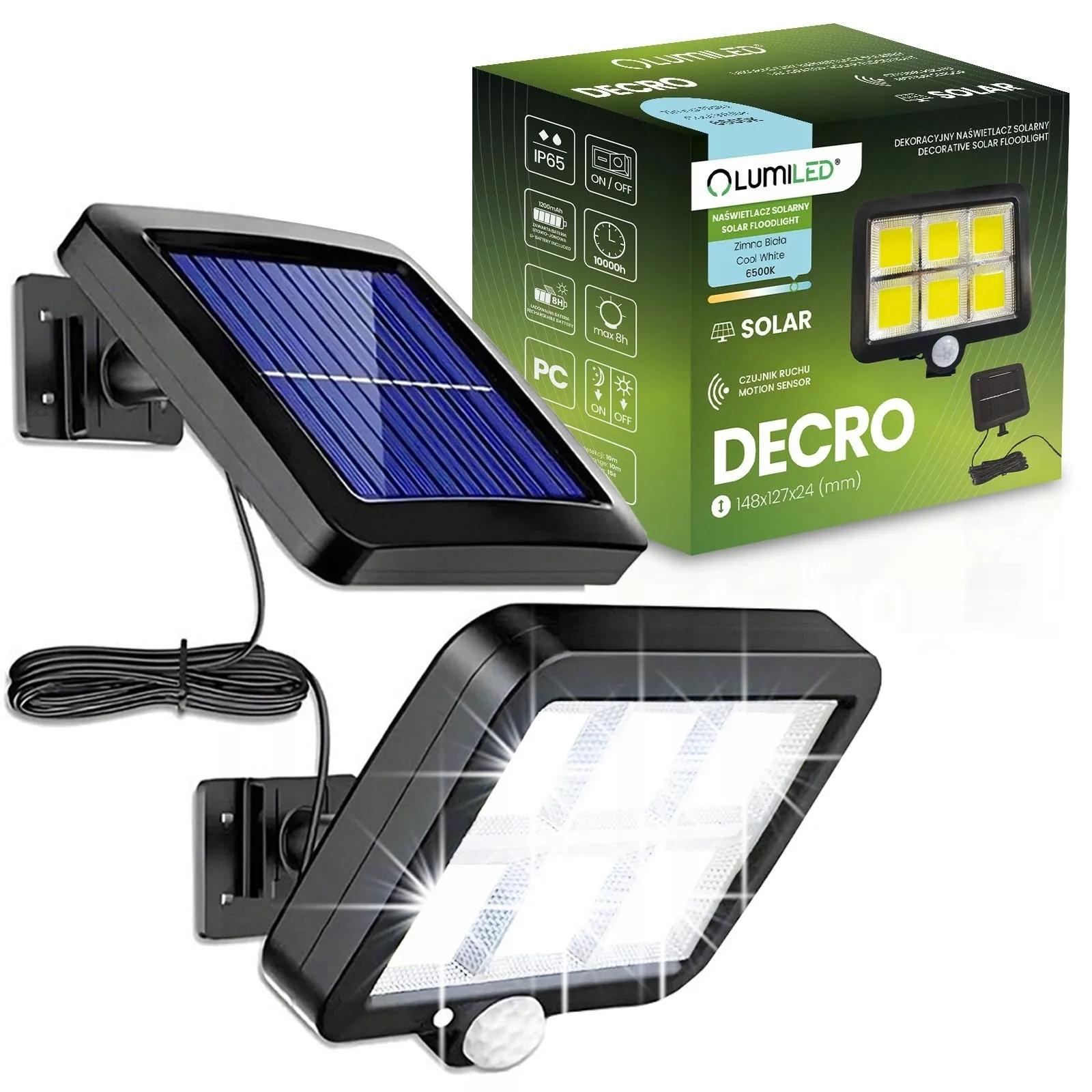 Сонячний LED‑прожектор Lumiled DECRO, 5Вт 800 лм, з датчиком руху і сутінків — IP65, холодне біле світло 6500K