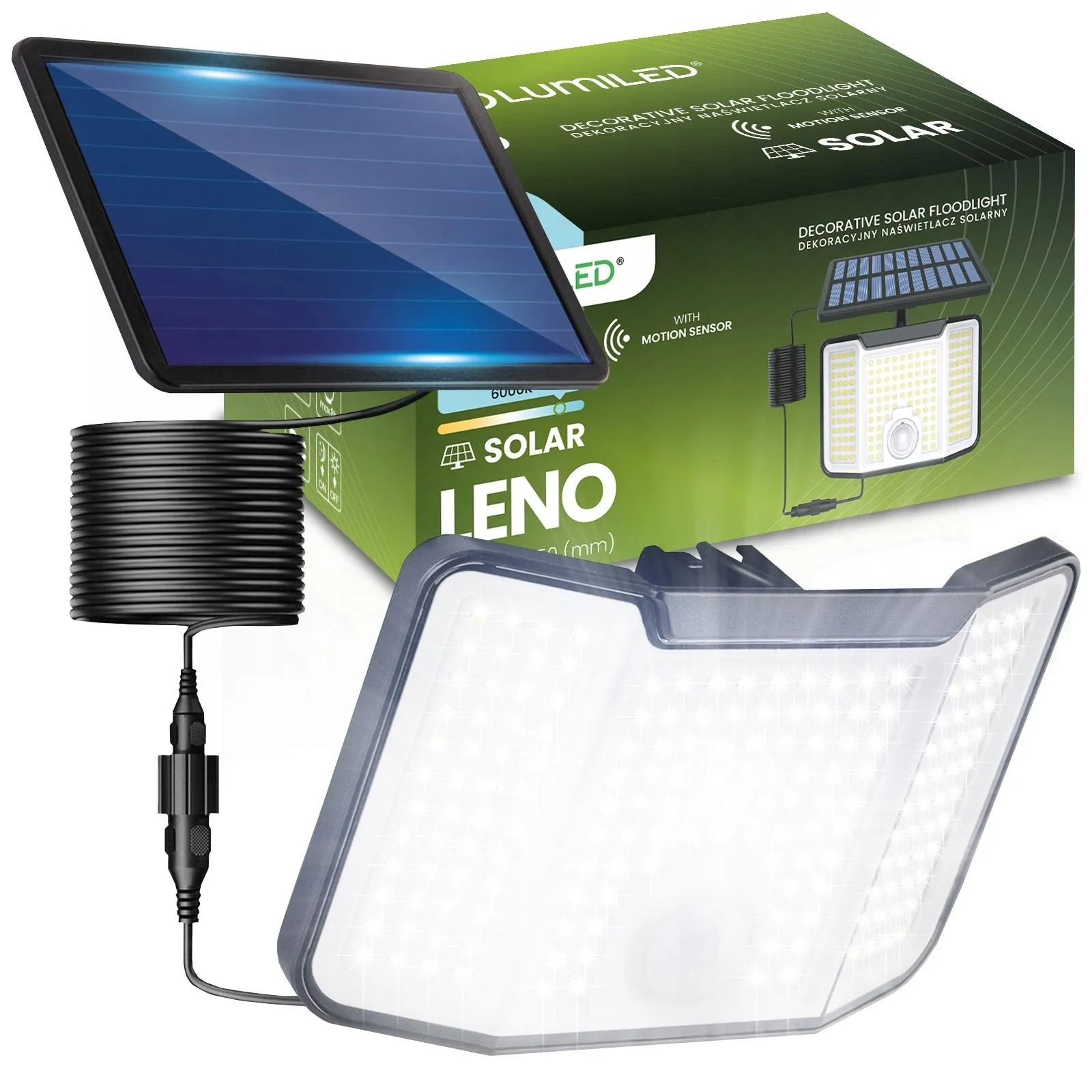 Сонячний LED‑прожектор Lumiled LENO 10 Вт широкий кут освітлення, з датчиком руху і сутінків — IP44, 800 лм, холодне біле світло 6500K
