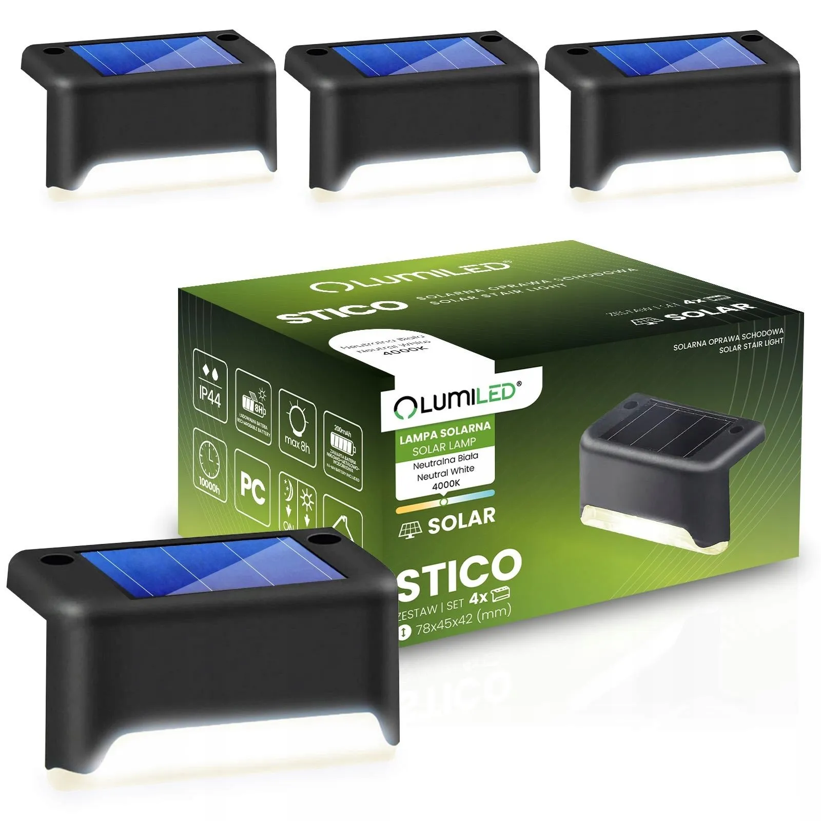 Комплект із 4 сонячних LED світильників Lumiled серії STICO — нейтральне біле світло 4000 K, монтаж для сходів/тераси, захист IP44