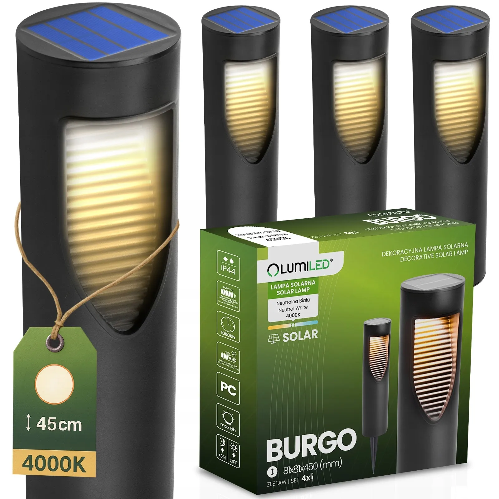 Набір садових круглих сонячних LED‑стовпчиків 4 шт — Burgo Lumiled, нейтральне біле світло 4000 K, чорний корпус, IP44