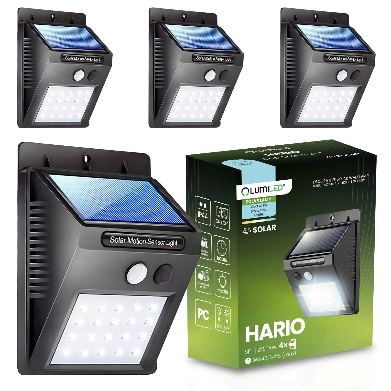 Набір із 4 настінних світильників Lumiled серії HARIO — автономні, холодне світло 6500 K, датчики руху + темряви